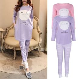 Women Long Sleeve Cartoon Owl Print Tops And Stripe Pants Pyjamas Set Sleepwear # 201027