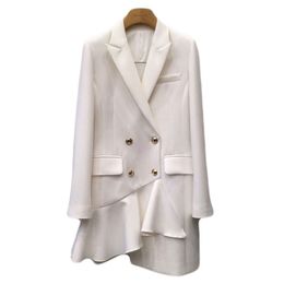 LANMREM new autumn turn-down collar full sleeves double breasted asymmetrical ruffles jacket female WF56701L 201112
