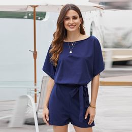 Romper Women O-Neck Short Sleeve Hollow-Out Belted Jumpsuits Overalls Casual Summer T200704