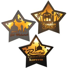 Islam Ramadan Wooden Table Decoration Pentagram LED Warm Light Eid Mubarak Muslim Table Top Ornaments for Home Party Supplies