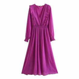 Solid Women V neck Ruffle decoration Elastic waist Midi Dress 2020 New Fashion Casual Lady Long Sleeve Loose Dresses LJ200818