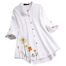 Women Blouse Vintage Casual Flower Print Colourful Button Long Sleeve Shirt Top Women Tops And Blouses White Blouse Plus Size LJ200811