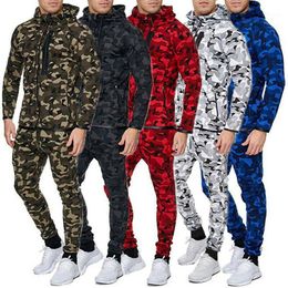 Men's Tracksuits Men Camouflage Tracksuit Set Long Sleeve Zip Hoodie Tops Pants Jogging Sportswear Black Blue Green Red White271L