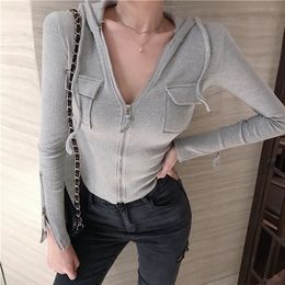 Korean Clothes Spring Autumn Hooded Pocket Sweater Women Slim Zipper Cardigan Long Sleeve Stretchy Knitted Jumper Tops M9N802 201030