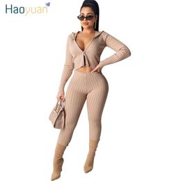 HAOYUAN Sexy Knitted Two Piece Set Tracksuit Women Fall Winter Clothing Crop Top and Pants Matching Suit 2 Piece Club Outfits T200630