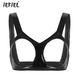 Women Sexy Erotic Lingerie Open Cups Latex Bra Clubwear Wet Look Faux Leather Bra Underwear Sleeveless Role Play Tanks Crop Top1