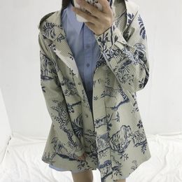 Women's Trench Cartoon Print Loose Hooded Irregular Hem Single Breasted Coat with Pockets 201031