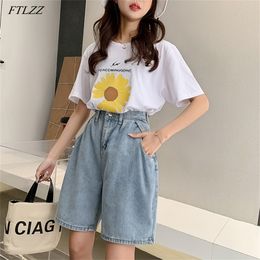 FTLZZ New Woman Wide Legs High Waist Blue Knee-lenght Denim Shorts Casual Female Loose Fit Jeans Vintage Ladies Bermuda Shorts LJ200820