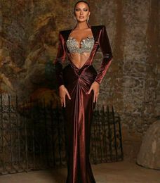 Women dress Evening dress Wine red V-Neck Mermaid Crystals Yousef aljasmi Kendal Jenner Women dress Kim kardashian Long sleeve Velvet