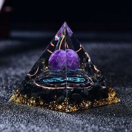 2.36inches Magic Orgonite Pyramid Hand Made Amethyst Crystal Sphere Skull Base Crystal Obsidian Orgone Home Decoration Collection G