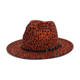 Women's Flat Brim Wool Felt Jazz Fedora Hat Men's Women's Leopard Print Leather Band Decoration Trilby Panama Hat