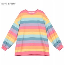 Pink Rainbow Striped Oversize 2xl T Shirts For Women Summer Long Sleeve O-neck T Shirt Korean Style Ladies Tops Tees 201125