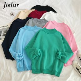 Jielur New 9 Colours Pink Green O-neck Hoodies Women Winter Autumn Pullover Sweatshirt Female Pure Colour Loose Tracksuit M-XXL LJ201103