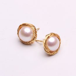 Women Designers Earings Hand-wound earrings 14k gold stud 9-10mm oblate flawless freshwater pearl simple style