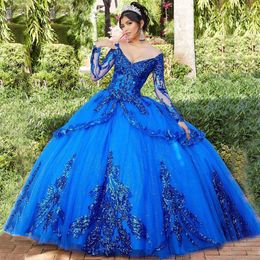 Blue Lace Ball Gown Quinceanera Dresses Sequined Deep V Neck Appliqued Sweet 16 Dress Long Sleeves Sweep Train Tulle Masquerade Gowns