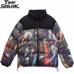 Men Hip Hop Vintage Retro Parka Jacket Streetwear Painting Printed Jacket Harajuku Cotton Winter Padded Jacket Coat Warm Outwear 201209