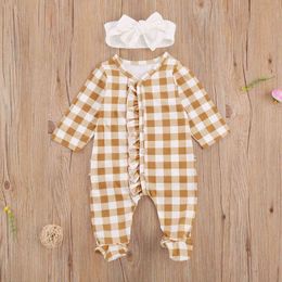 Emmababy Newborn Baby Girl Clothes Plaid Printed Ruffle Long Sleeve Cute Footed Pajamas Romper Jumpsuit Outfit Clothes G1221
