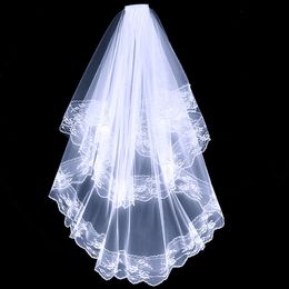 Bridal Veils wedding accessories white ivory fashion short two layer lace veils with comb appliques high quality