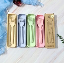 Healthy Environmental Wheat Straw Cutlery Set for 4 Portable Dinnerware Tableware Spoon Fork Chopsticks Camp Kitchen Europe Style for Travel Picnic Camping