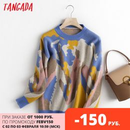 Tangada Women Elegant Pating Pattern Knitted Sweater Jumper O Neck Female Oversize Pullovers Chic Tops BC112 210203