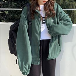 Women Zip-Up Hoodie Winter Fleece Oversized Sweatshirt Long Sleeve Printed Pocket Korean Style Coat Turn-Down Collar Warm Jacket 201217