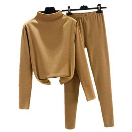 New Women Turtleneck Long Johns Winter Warm Vevet Pyjamas Set Autumn Home Clothes Female Thermal Underwear 201124