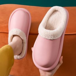 Women Fur Slides Fluffy Slippers Winter Warm Shoes Pu Leather Waterproof Men Ladies Couples Home Indoor Bedroom Footwear Y201026