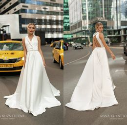 Anna Kuznetcova 2021 Satin Wedding Dresses With Beaded Sash V Neck Cheap Reception Gowns Sweep Train Bridal Gowns