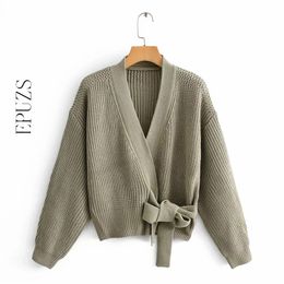 Womens green knitted Cardigan Sweater women long sleeve sashes chic sweater Streetwear Womens Knit Sweater 201111