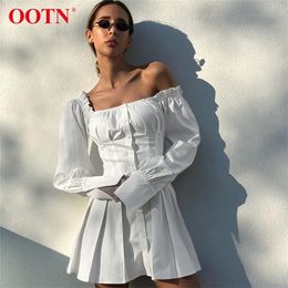 OOTN Sexy Off Shoulder White Tunic Dress Pleated Summer Women Long Sleeve Shirt Dress Female Ruffle Party Mini Dresses Elegant LJ200820