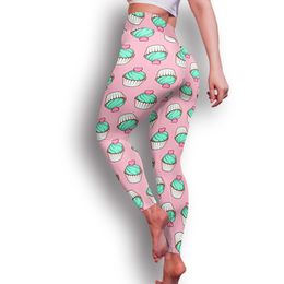 New Style Cute Colour Cupcake Pattern Printing Pink Leggings Ladies Workout Breathable Elastic Force Skinny Leggings LJ201006