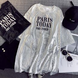 Women Sequined Top Short Sleeve Print Bling Shiny T Shirt Lady sparkling T Shirt Plus Size Summer Casual Shirts T200614