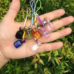 Small Rectangle Shaped Glass Bottles with Braided Nylon Rope Keychains DIY Mini Art Perfume Jars Vials Mixed Colour 7pcs