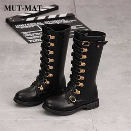 kids shoes Martin Boots Girls Warm Fashion Metal button Knee-high boots quality leather Waterproof Warming Short Plush 211227