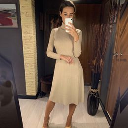 GIGOGOU Thick Long Knit Women A Line Pleated Dress Elegant Turtleneck Women Pullover Sweater Dress Christmas Holiday Party Dress 201204