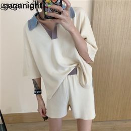 Gaganight Knitted Women Two Pieces Set Casual Loose Summer Fashion Ladies Suit Elastic High Waist Shorts Female Outfit Korean T200701