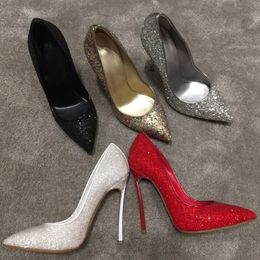 Charming Women Bling Sequins Dress Shoes Shinner Wedding Pumps Pointed Toe Slip-On Shallow High-heeled Blade Metal Heel Glitter Shoe