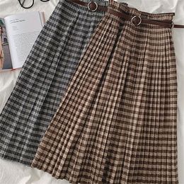 Elegant Plaid Maxi Skirt Autumn Winter Fashion High Waist Pleated Skirts With Belt Female Vintage Korean Style Long Skirt Bottom Y1214