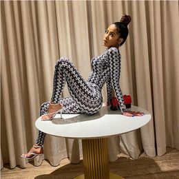 Sexy Club Womens Jumpsuits Skinny Rompers Autumn Fashion Wear Women Full Length Letter Pattern Print Contrast Colour Clothing