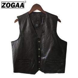 ZOGAA Mens Waistcoat Black Biker Vest Genuine Leather Motorcycle Rock Sleeveless Jacket Male Autumn Plus Size Clothing 4XL Men 201116