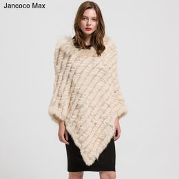 Real Fur Poncho Women's Genuine Rabbit Knitted Shawl Raccoon Fur Collar Large Cape Black/Grey/Navy/Beige/Wine Red LJ201201