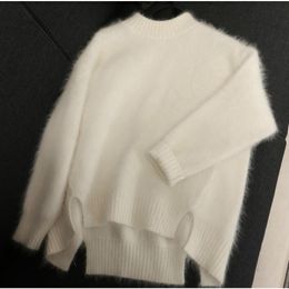 Autumn Winter women mohair knitting sweaters O-neck hairy korean sweet pink white sweater pullovers 201030