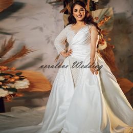 Grogeous Pearls Wedding Dress Scoop Long Sleeves Arabic Aso Ebi Bridal Gowns One Shoulder Bride Gown robes de mariée