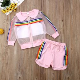 Abbigliamento estivo per bambini Toddler Kids Baby Girl Mesh Coat Vest Pants Outfit 3Pcs Sunsuit Colorful Rainbow Striped Set