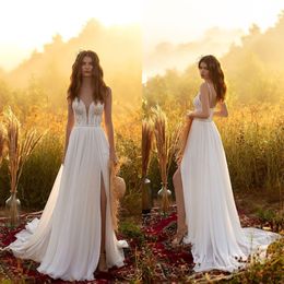 2021 Bohemia Wedding Dresses Spaghetti Straps Split Lace Chiffon Bridal Gowns Custom Made Backless Sweep Train A Line Wedding Dress