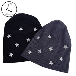 Casual Winter Star Rhinestone Beanies hats For Women ladies Solid Slouchy Cotton Ribbed Knit caps Skullies Girls Bonnet Gorros Y201024