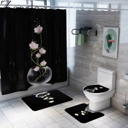 Non Slip Toilet Seat Cover Bath Mat Polyester Waterproof Shower Curtain Set Bathroom Carpet Home Decor Bathroom Foot Mat Y200407