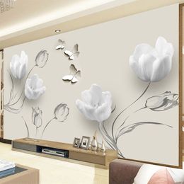 Custom Mural Wallpaper Modern 3D Stereo Tulip Butterfly Flowers Wall Painting Fashion Living Room Home Decor Wall Papers
