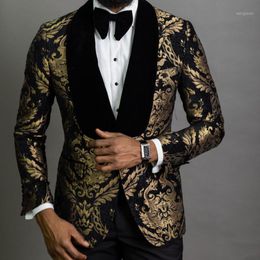 Gold Jacquard Men Suits Shawl Lapel Slim fit Groom Tuxedo Male Fashion Prom Costume Blazer Vest with Pants1337x