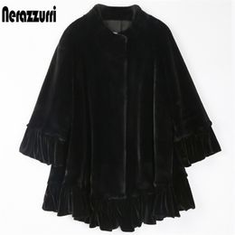 Nerazzurri Black velvet patchwork faux fur jacket women stand collar Loose warm soft winter clothes women plus size fashion 201212